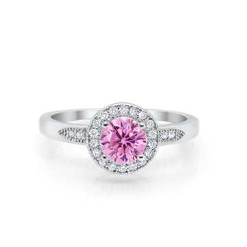 Halo Art Deco Engagement Ring Round Simulated Pink CZ 925 Sterling Silver